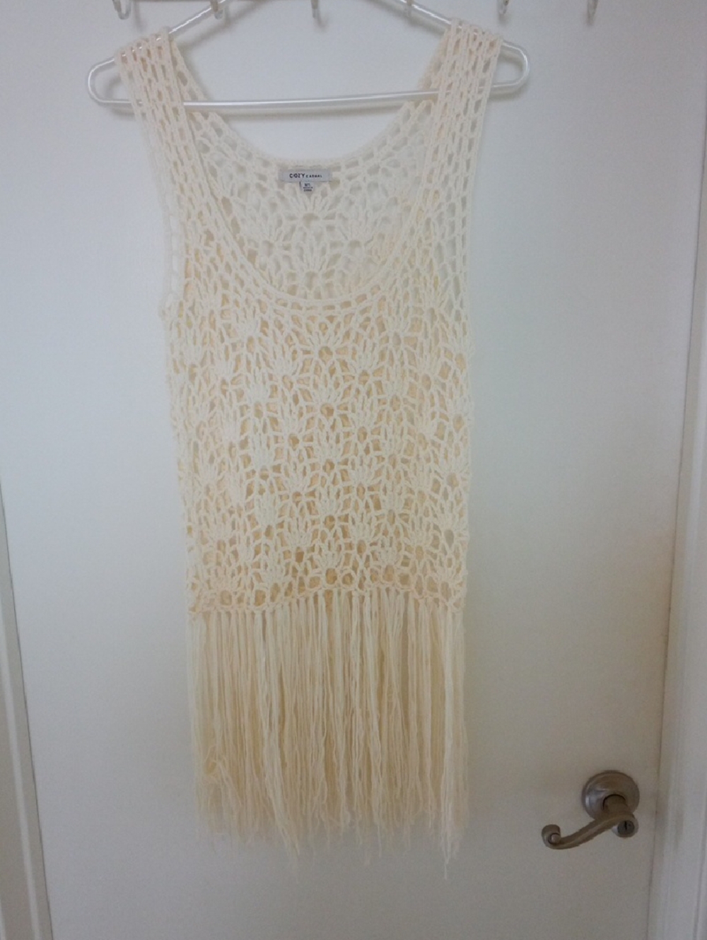 Soft & Cozy Casual Cream Crochet Tank Cover-Up with Fringe